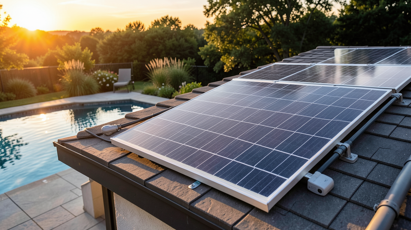 panneau solaire pour spa installé sur un toit adjacent à un spa extérieur