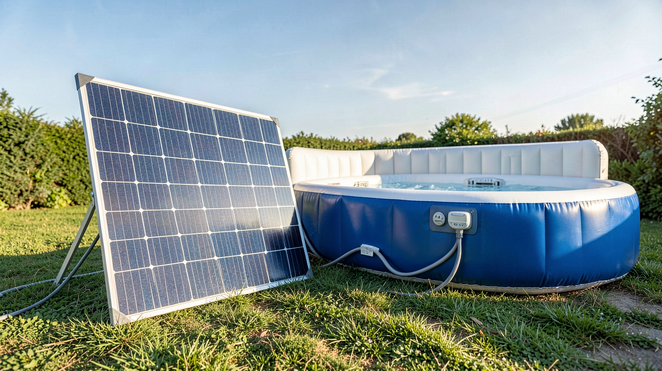 panneau solaire pour spa gonflable posé à côté d'un spa gonflable extérieur