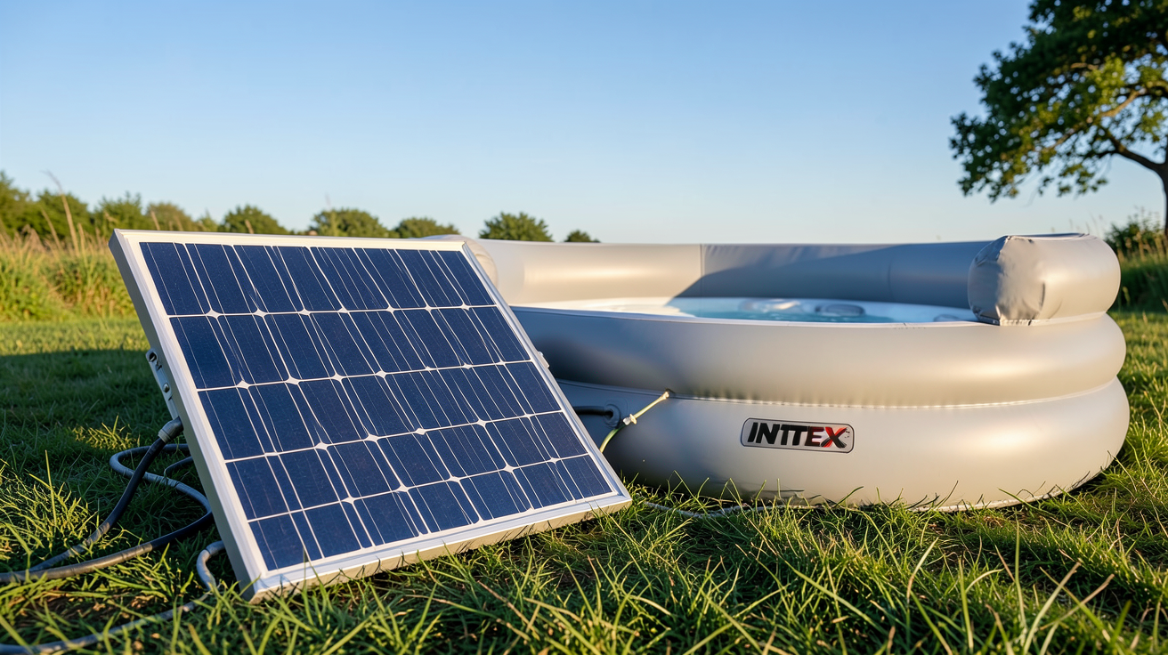 panneau solaire pour spa gonflable Intex montrant la compatibilité avec un spa gonflable gris clair