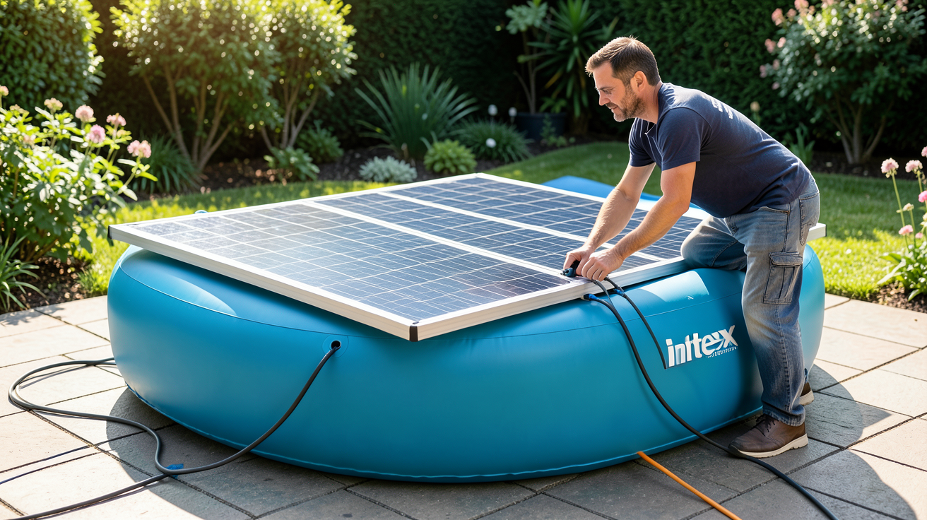 panneau solaire pour spa gonflable Intex en cours d'installation avec branchement des câbles
