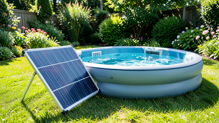 panneau solaire pour spa gonflable intex installé dans un jardin pour l'autonomie énergétique