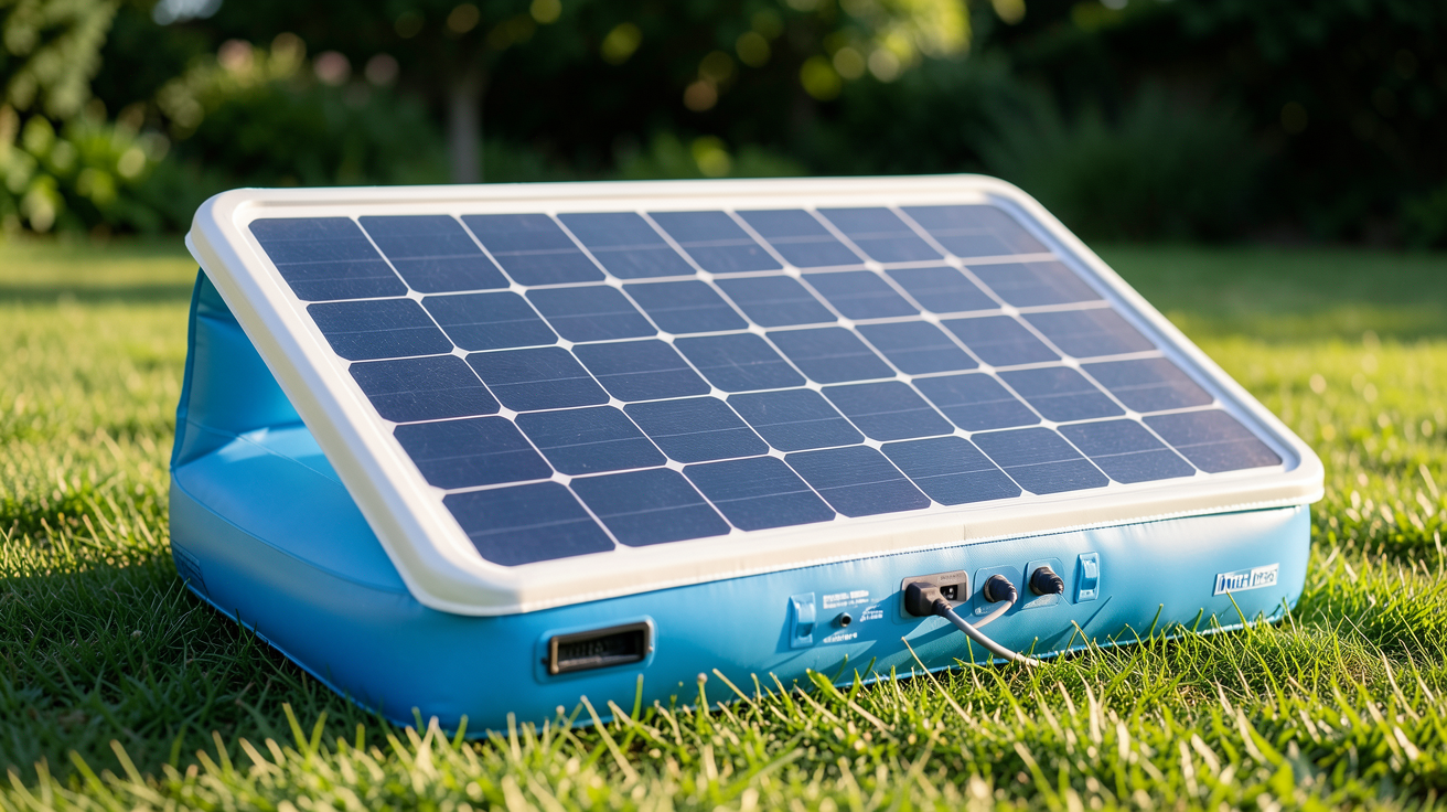 panneau solaire pour spa gonflable Intex posé sur une pelouse verte