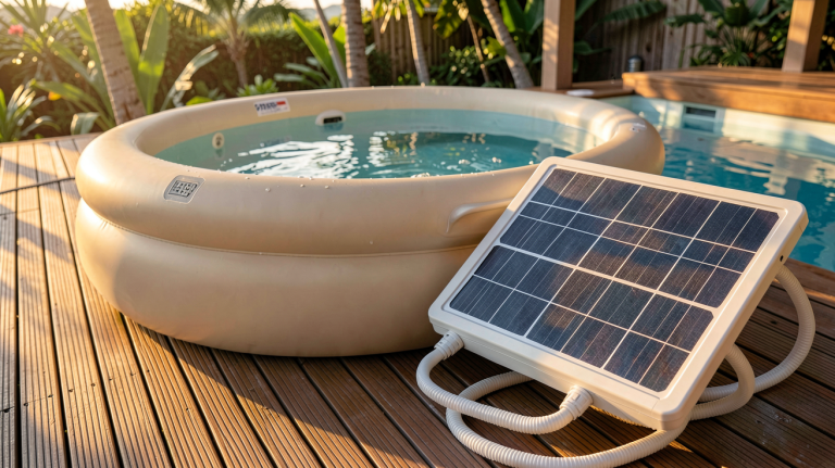 panneau solaire pour spa gonflable installé sur une terrasse en bois avec un spa gonflable beige en arrière-plan