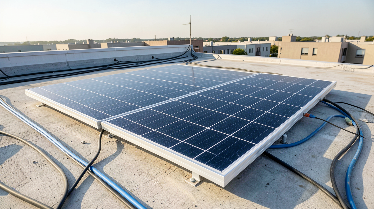 panneau solaire pour spa en cours d'installation sur un toit plat avec kit plug-and-play