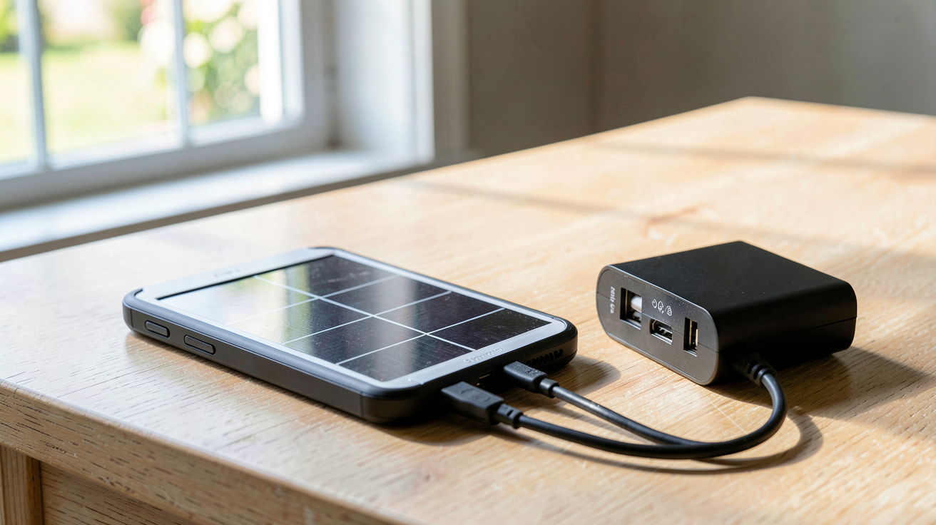 panneau solaire pour téléphone portable posé à côté d'une batterie externe classique sur une table en bois