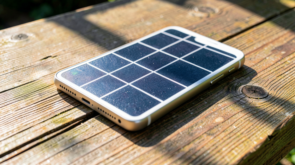 panneau solaire pour téléphone portable posé sur une table en bois, capté par la lumière du soleil, prêt à charger un smartphone