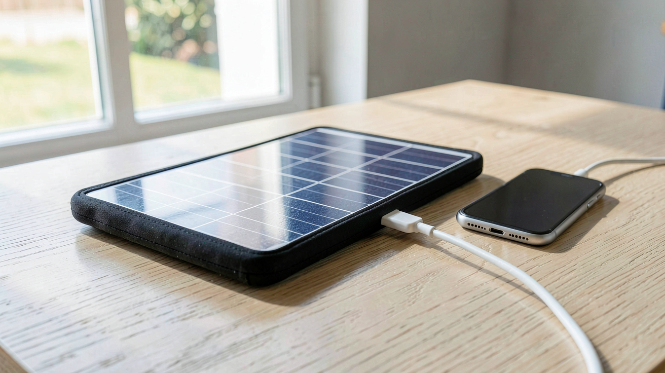 panneau solaire pour téléphone portable utilisé pour recharger un smartphone sur une table en bois