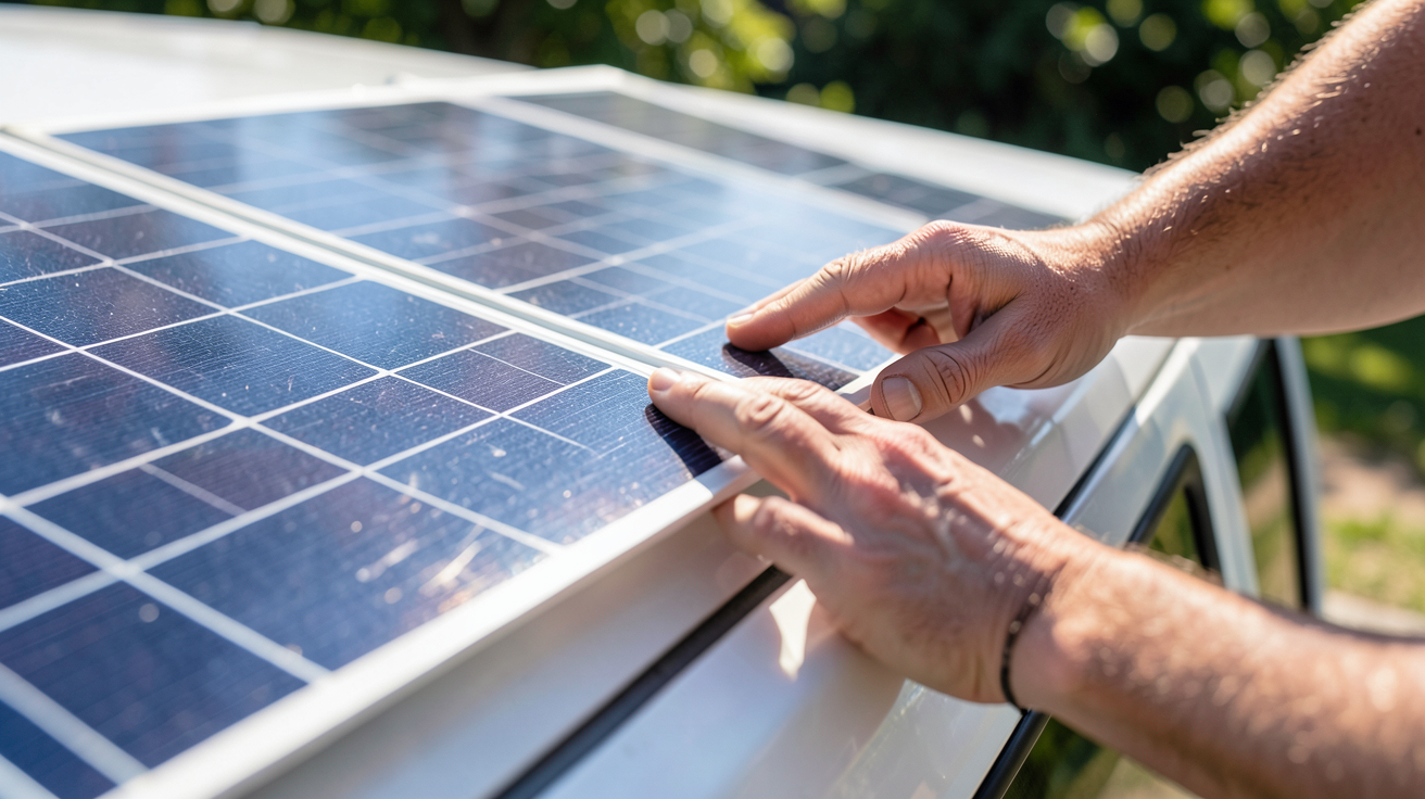 panneau solaire pour van aménagé en cours d'installation sur le toit du véhicule