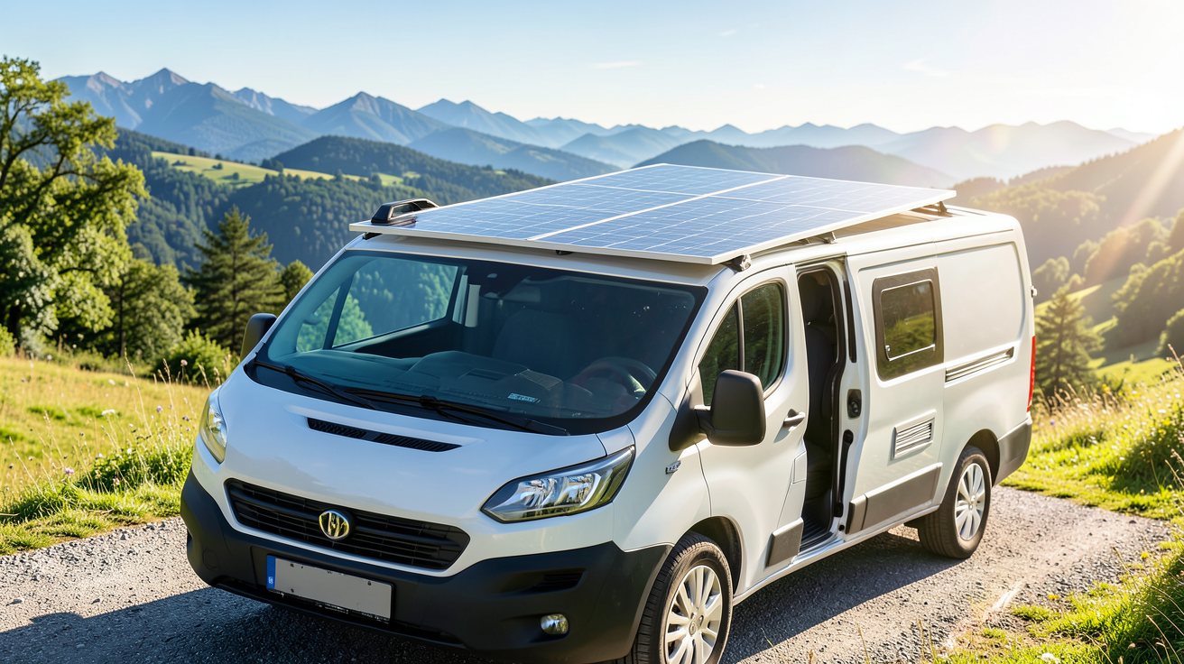 panneau solaire pour van aménagé installé sur le toit d'un véhicule de voyage en pleine nature