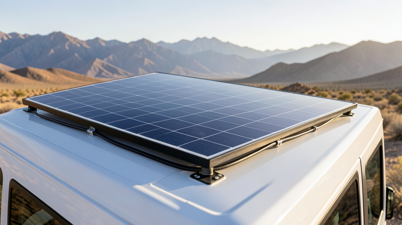 panneau solaire pour van installé sur le toit d'un véhicule aménagé, utilisé pour calculer la puissance nécessaire