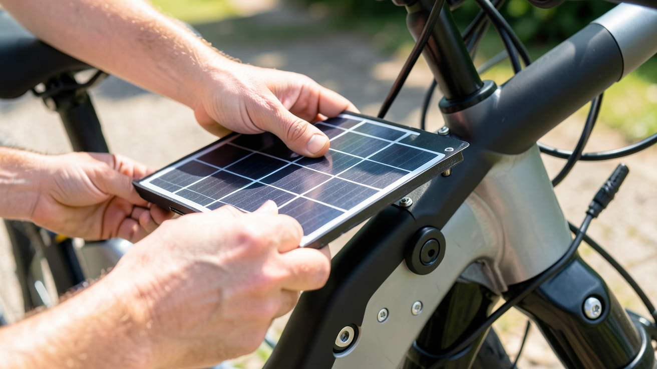 panneau solaire pour vélo électrique en cours d'installation sur un porte-bagages