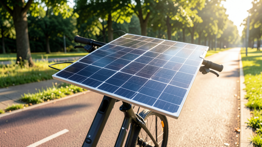 panneau solaire pour vélo électrique fixé sur le porte-bagages d'un vélo en extérieur