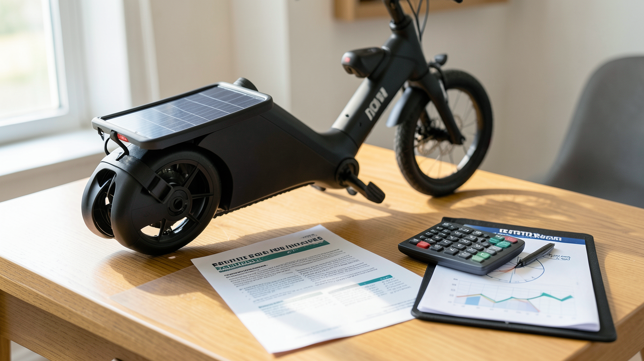 panneau solaire pour vélo électrique avec documents de subvention et calculatrice sur table