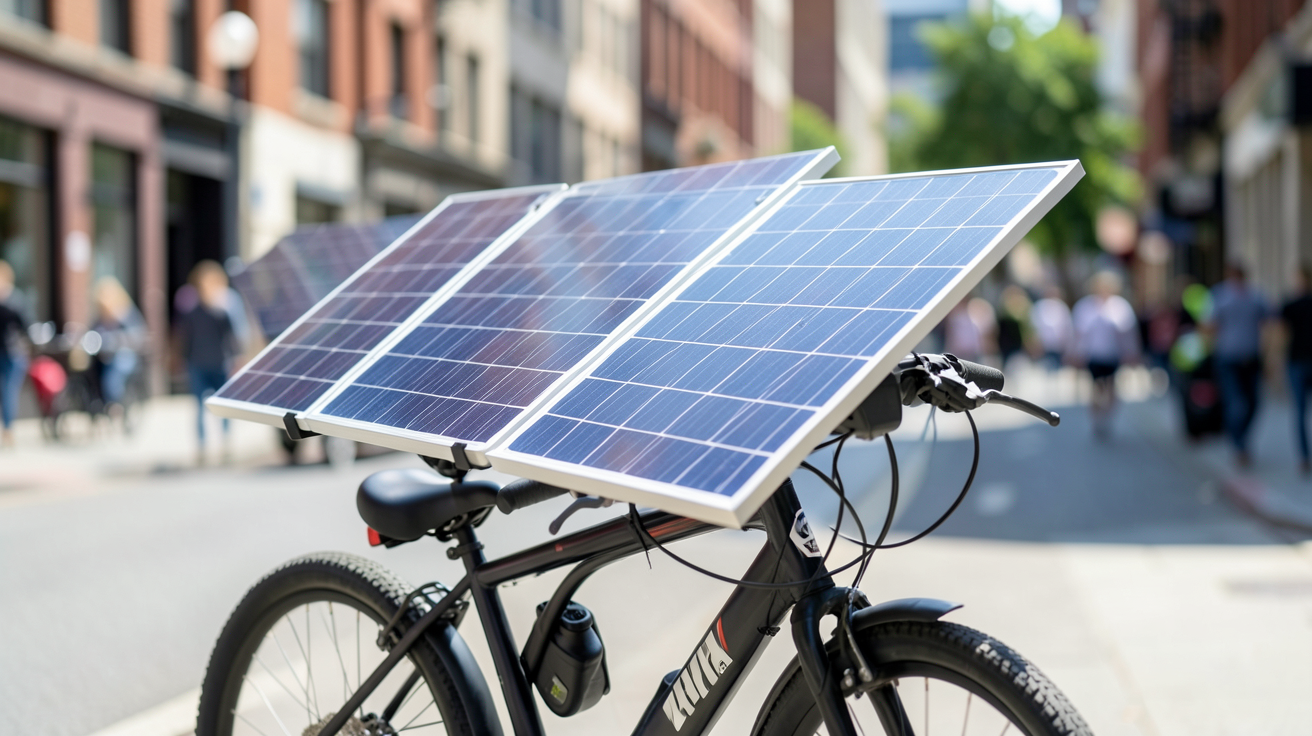 panneau solaire pour vélo électrique montrant différents types de panneaux adaptés au montage sur vélo, photo réaliste en plein jour