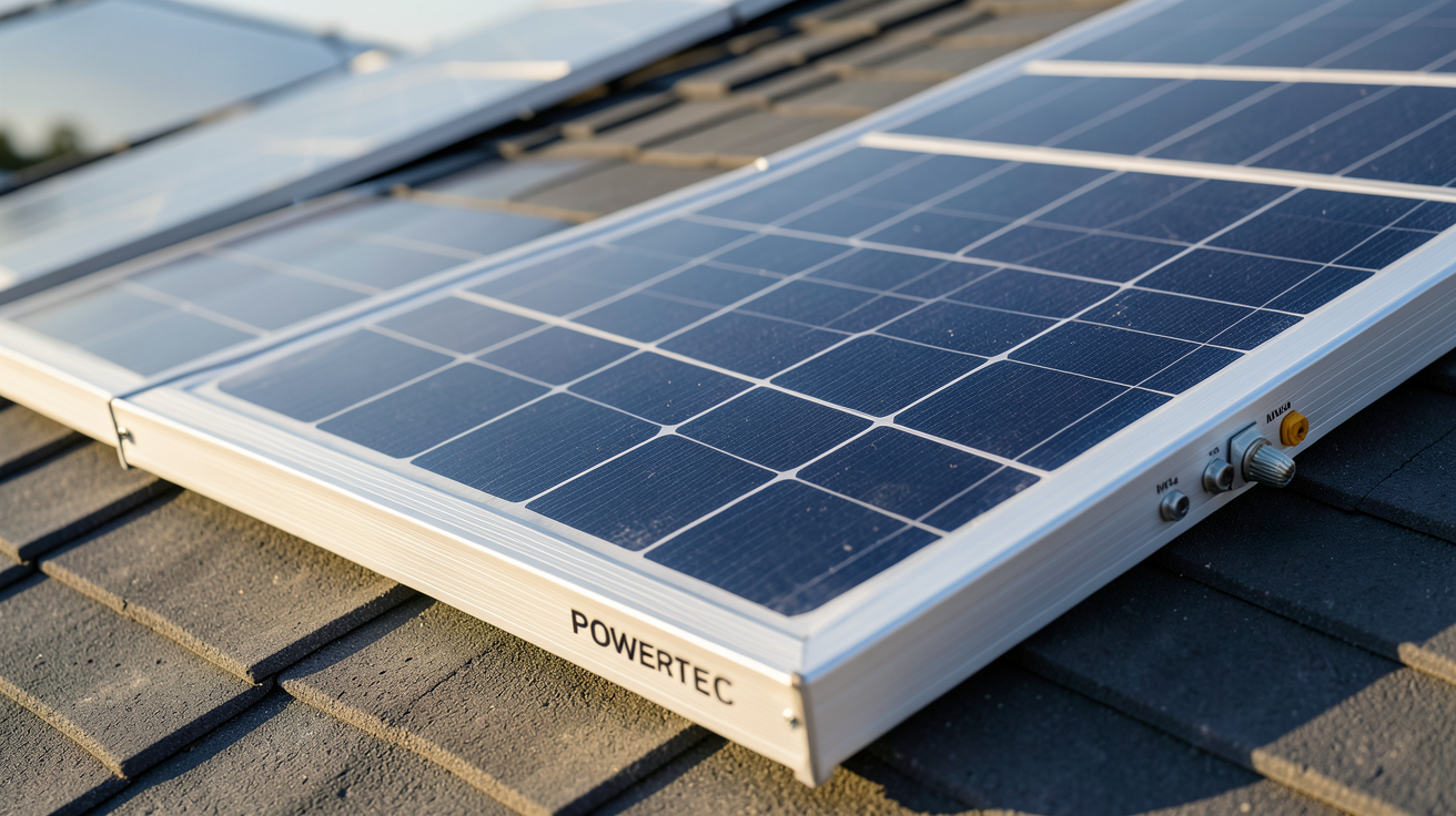 panneau solaire Powertec en gros plan sur un toit incliné, modèle utilisé dans un comparatif détaillé