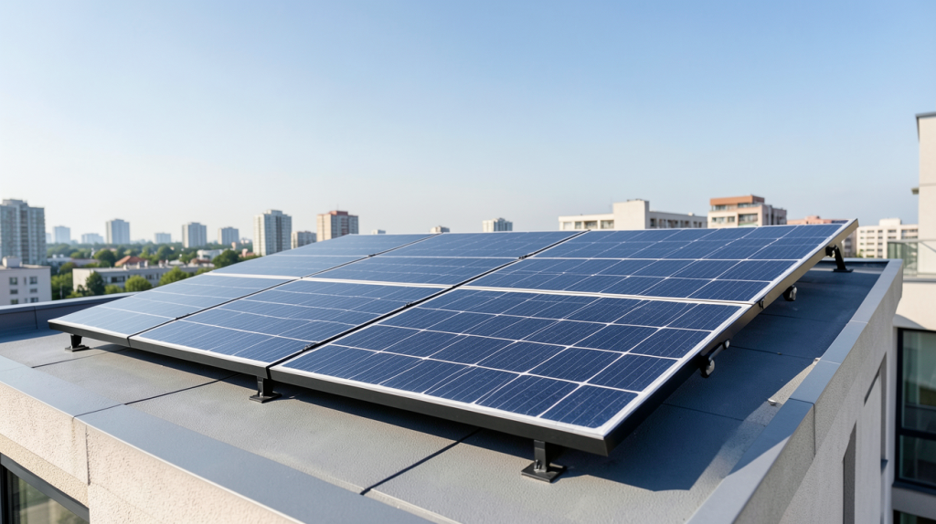 panneau solaire Powertec installé sur le toit d'une maison urbaine moderne