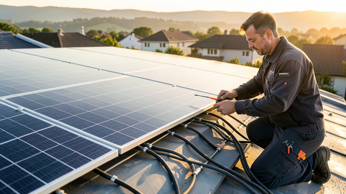 panneau solaire Powertec en cours d'installation sur un toit résidentiel par un technicien
