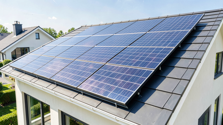 panneau solaire prix et rendement installation sur le toit d'une maison moderne, présentant des panneaux photovoltaïques sous le soleil