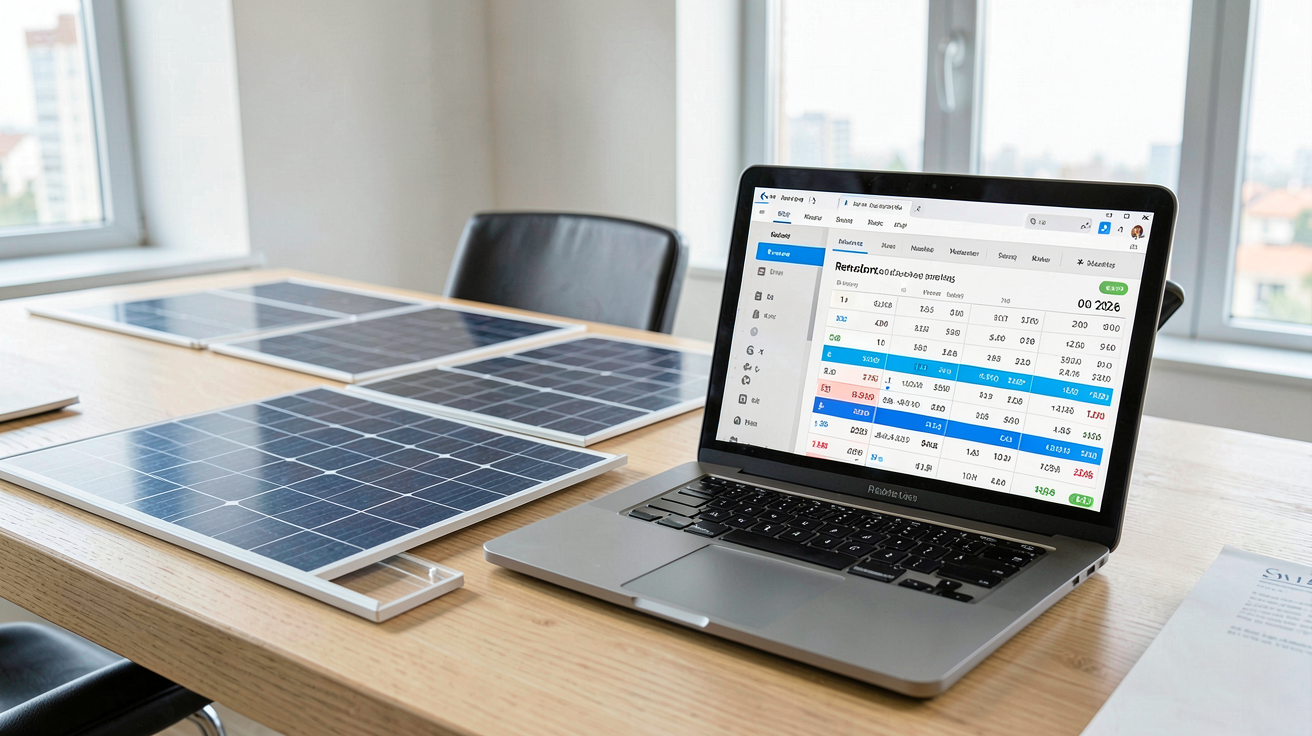 panneau solaire prix et rendement affichés sur un tableau comparatif sur un bureau moderne