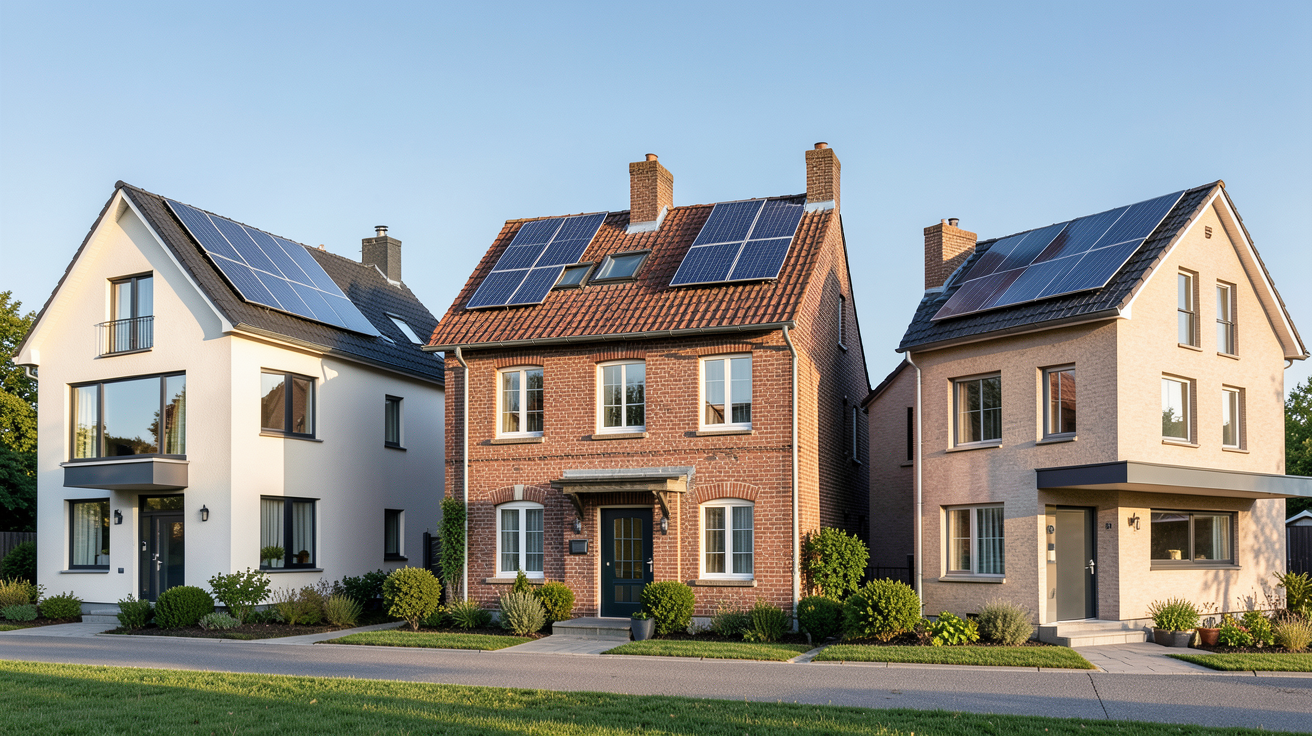 panneau solaire prix installation 2026 illustré par trois maisons avec des panneaux solaires sur leurs toits