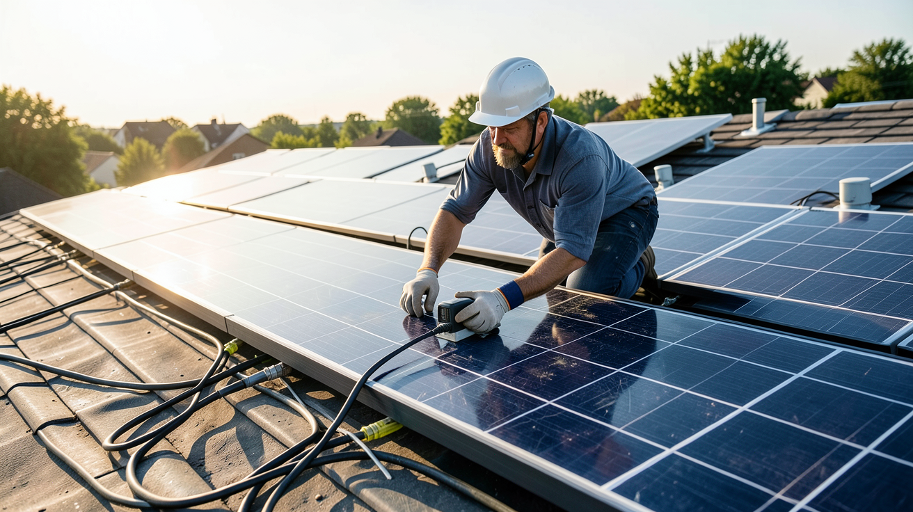 panneau solaire prix installation : installateur vérifiant les facteurs influençant le coût d'une installation solaire sur un toit