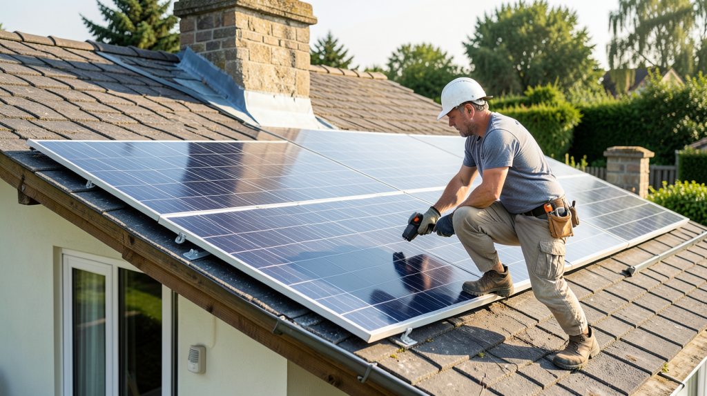 panneau solaire prix installation sur le toit d'une maison avec un professionnel en action