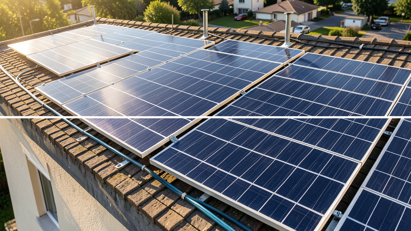 panneau solaire prix m2 facteurs de variation illustrés sur un toit résidentiel avec différents types de panneaux