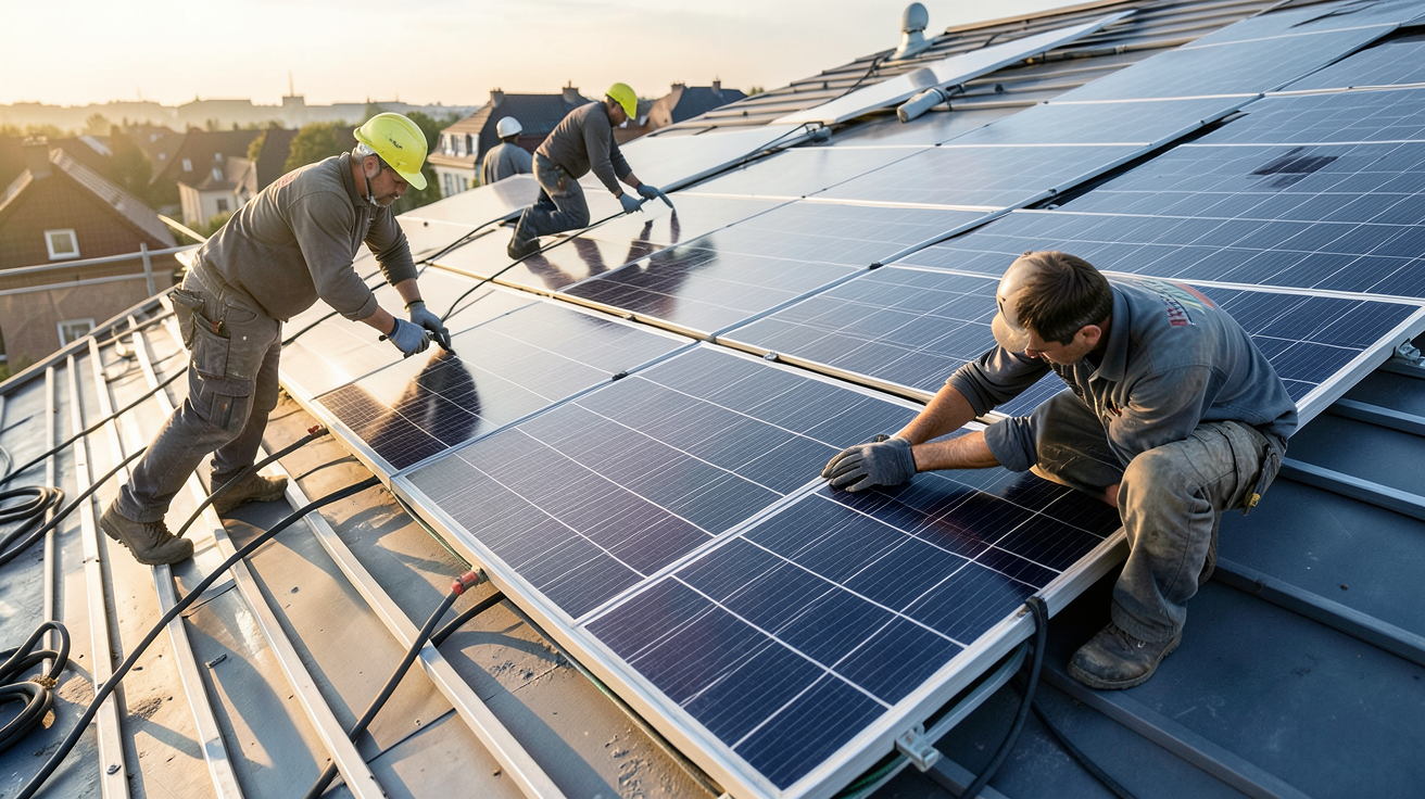 panneau solaire prix m² : chantier de pose de panneaux solaires sur un toit avec ouvriers professionnels