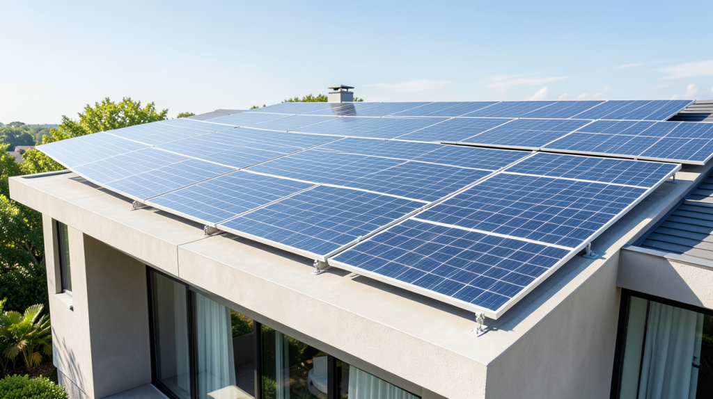 panneau solaire prix m² installé sur une toiture résidentielle moderne sous un ciel clair