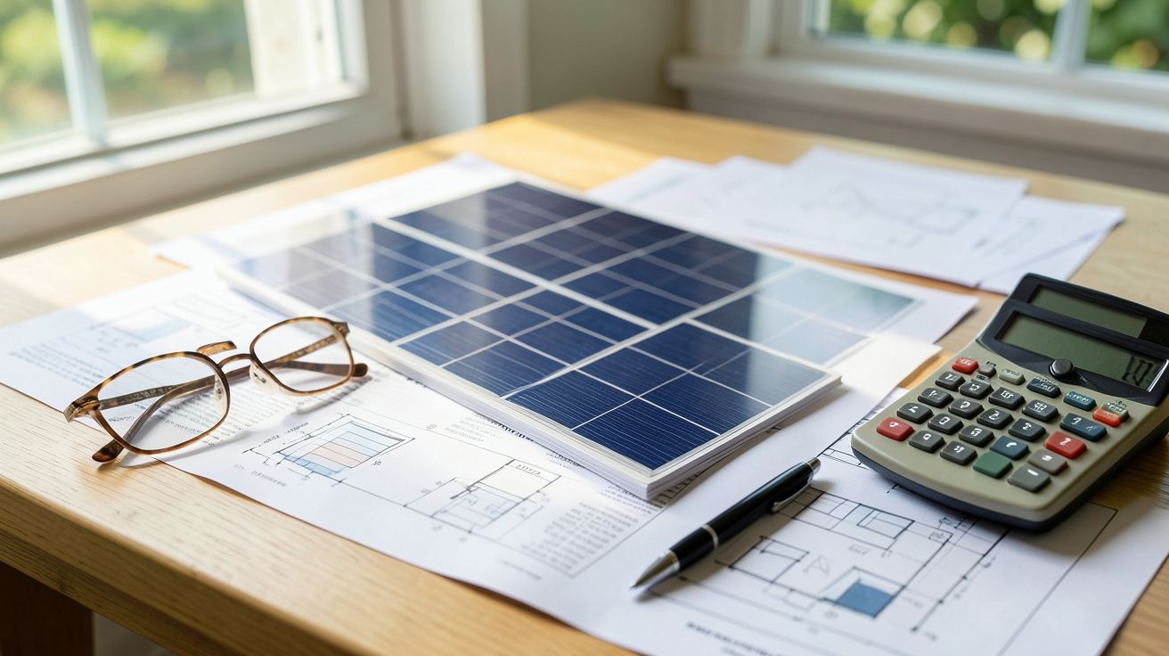 panneau solaire prix pour maison : exemple de devis détaillé posé sur une table avec des lunettes et un stylo