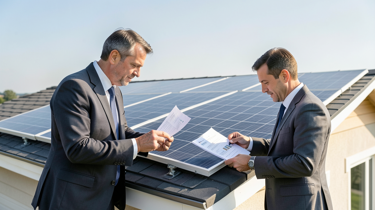 panneau solaire professionnel installé sur un toit avec un expert analysant des calculs de rentabilité financière