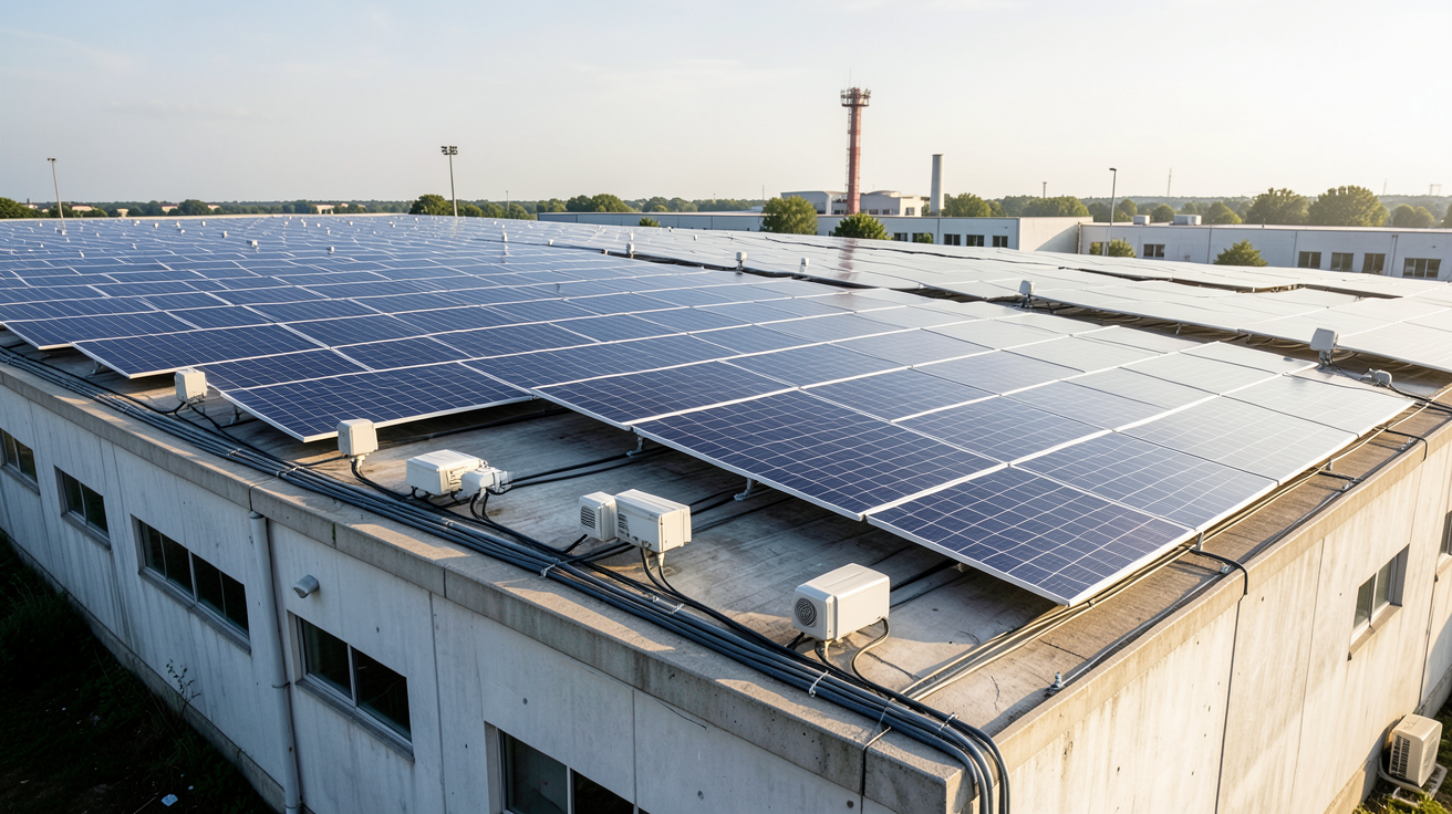 panneau solaire professionnel installé sur le toit d'un bâtiment industriel