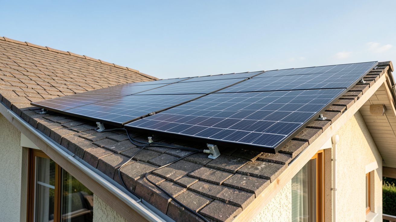 panneau solaire monocristallin noir installé sur le toit d'une maison individuelle pour une puissance adaptée à la consommation
