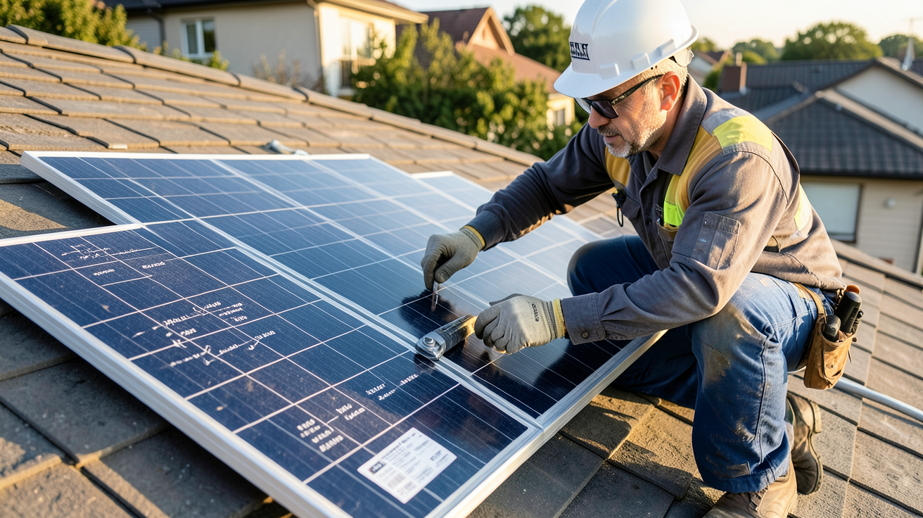 panneau solaire puissant avec technicien vérifiant les spécifications pour calculer la puissance nécessaire