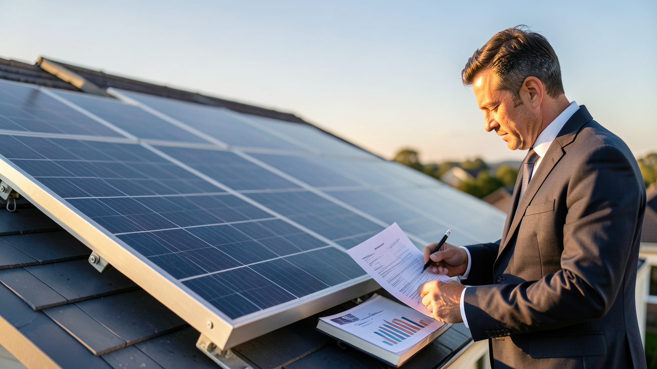 panneau solaire puissant installé sur un toit avec un professionnel analysant des documents financiers