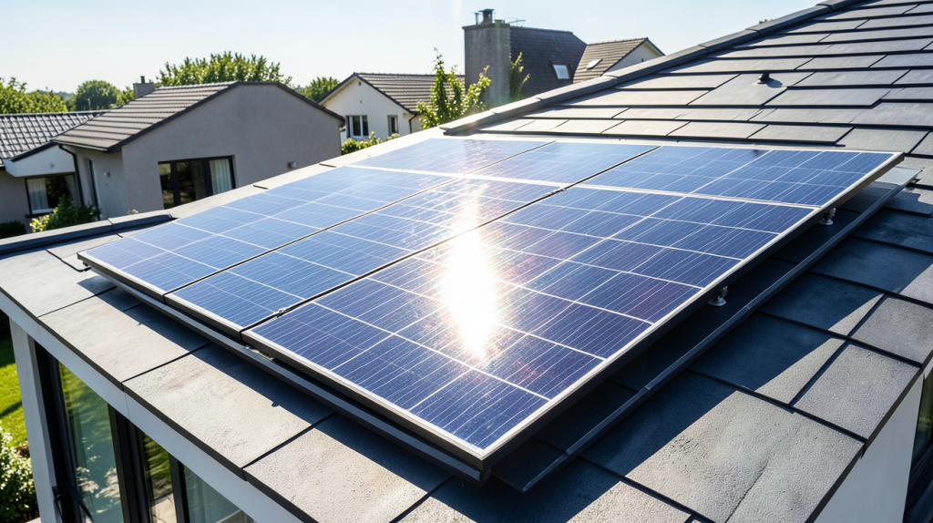 panneau solaire puissant installé sur le toit d'une maison moderne sous un ciel dégagé