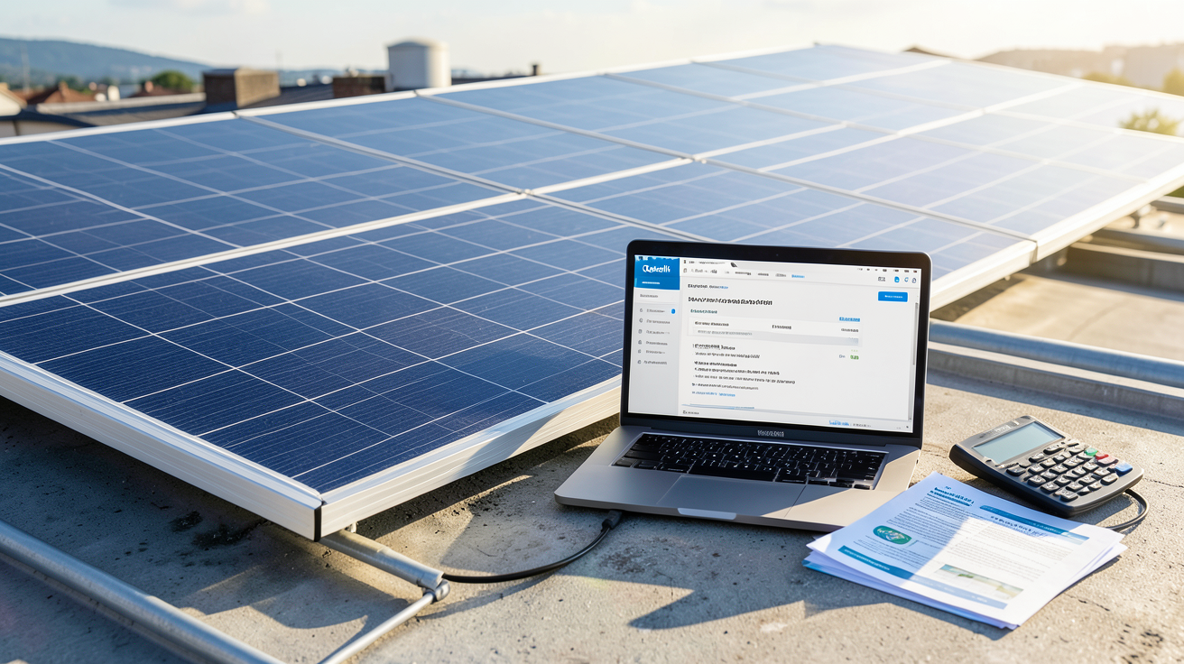 panneau solaire qcell montrant un devis détaillé et les aides financières pour 2026, avec un ordinateur portable et des documents à côté du panneau sur un toit ensoleillé