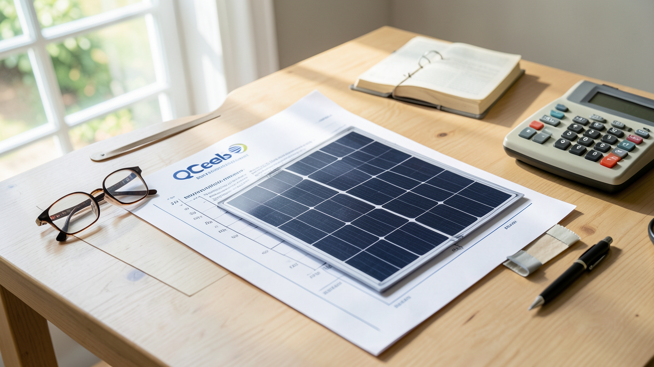 panneau solaire QCell prix installation complète 2026 avec devis détaillé sur une table en bois clair
