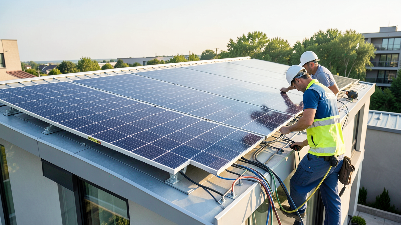 panneau solaire QCell lors d'une installation sur une maison contemporaine avec des techniciens