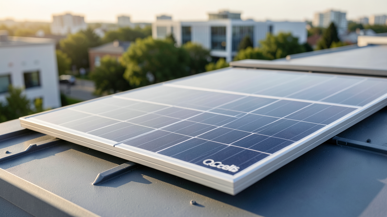 panneau solaire QCells de dernière génération posé sur un toit résidentiel moderne avec vue sur une ville en arrière-plan