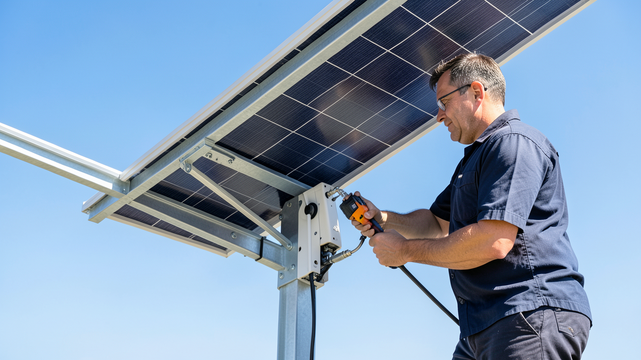panneau solaire qui suit le soleil en cours d'installation sur un support motorisé