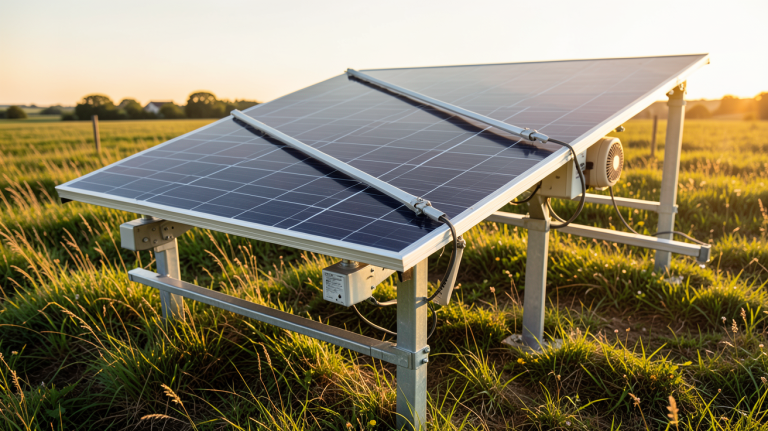 panneau solaire qui suit le soleil avec système de tracking automatique installé dans un champ ensoleillé