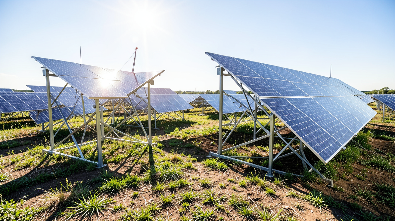 panneau solaire qui suit le soleil avec des systèmes de tracking mono-axe et bi-axe installés dans un champ solaire professionnel.