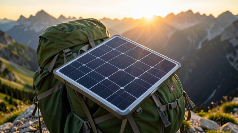 panneau solaire randonnée posé sur un sac à dos avec vue sur les montagnes en arrière-plan