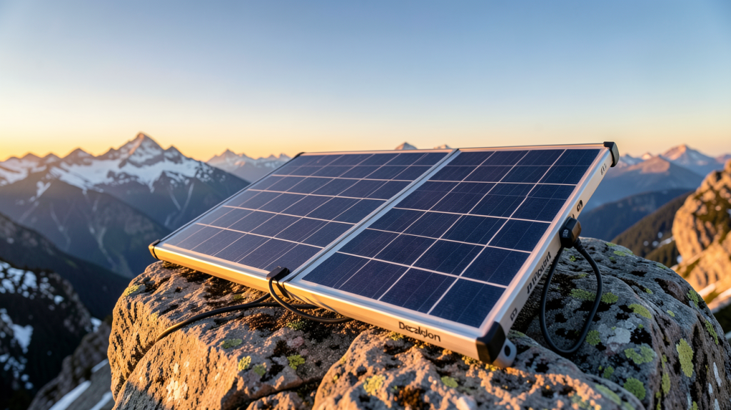 panneau solaire randonnée Decathlon posé sur un rocher en montagne sous un coucher de soleil