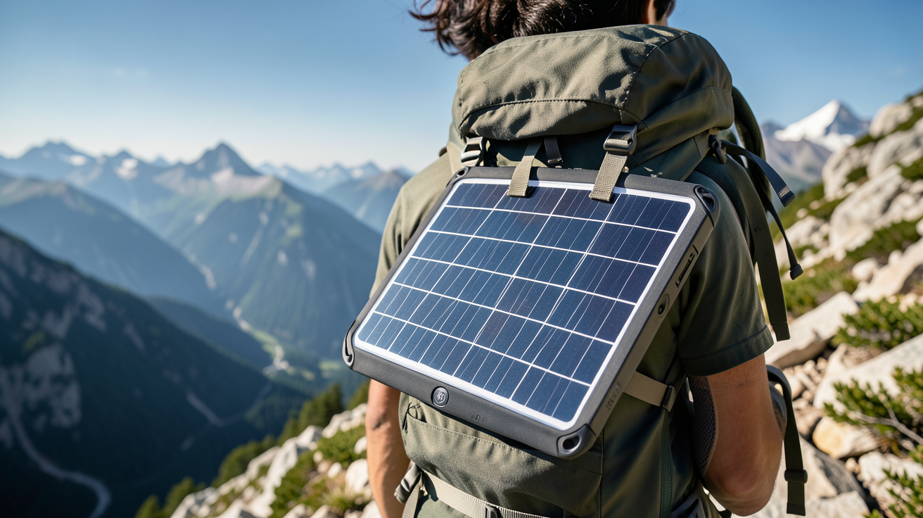 panneau solaire randonnée decathlon fixé sur un sac à dos de marche en montagne