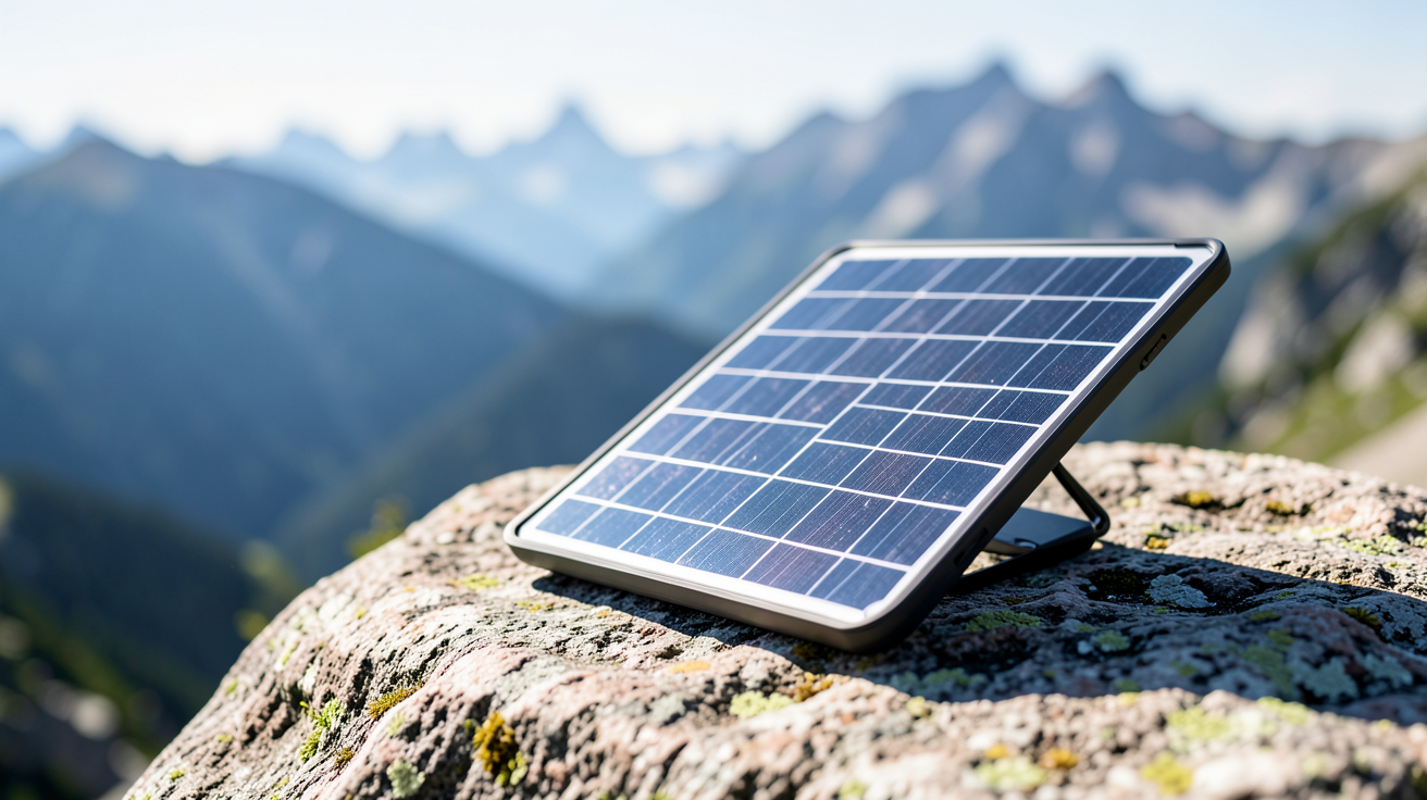 panneau solaire randonnée decathlon installé sur un rocher pour la recharge en pleine nature