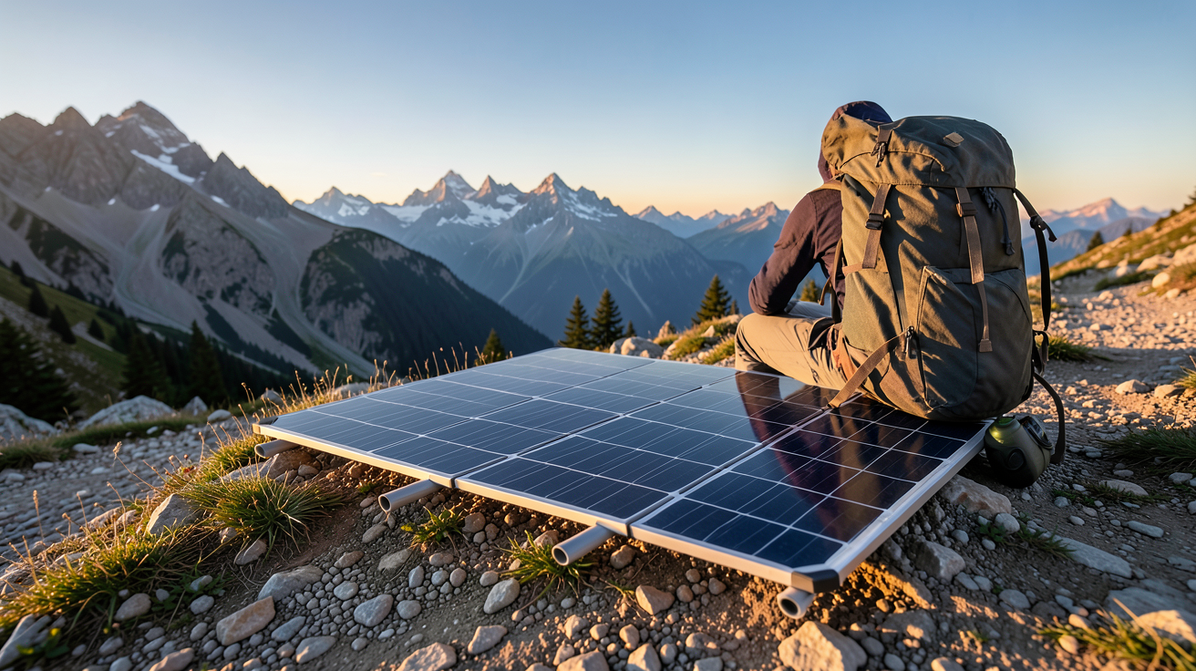 panneau solaire randonnée : kit portable déployé sur un sentier de montagne avec des panneaux solaires pliables