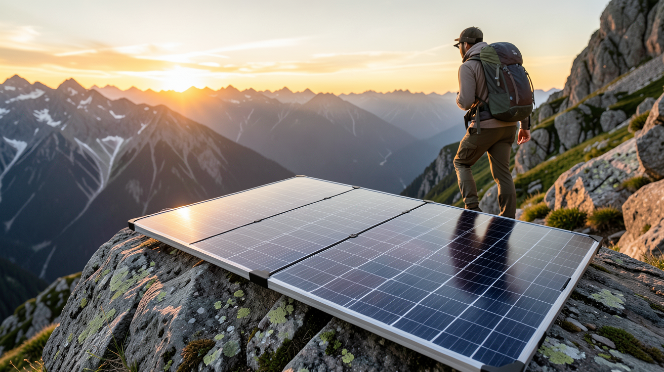 panneau solaire randonnée utilisé en montagne pour recharger des équipements pendant une randonnée