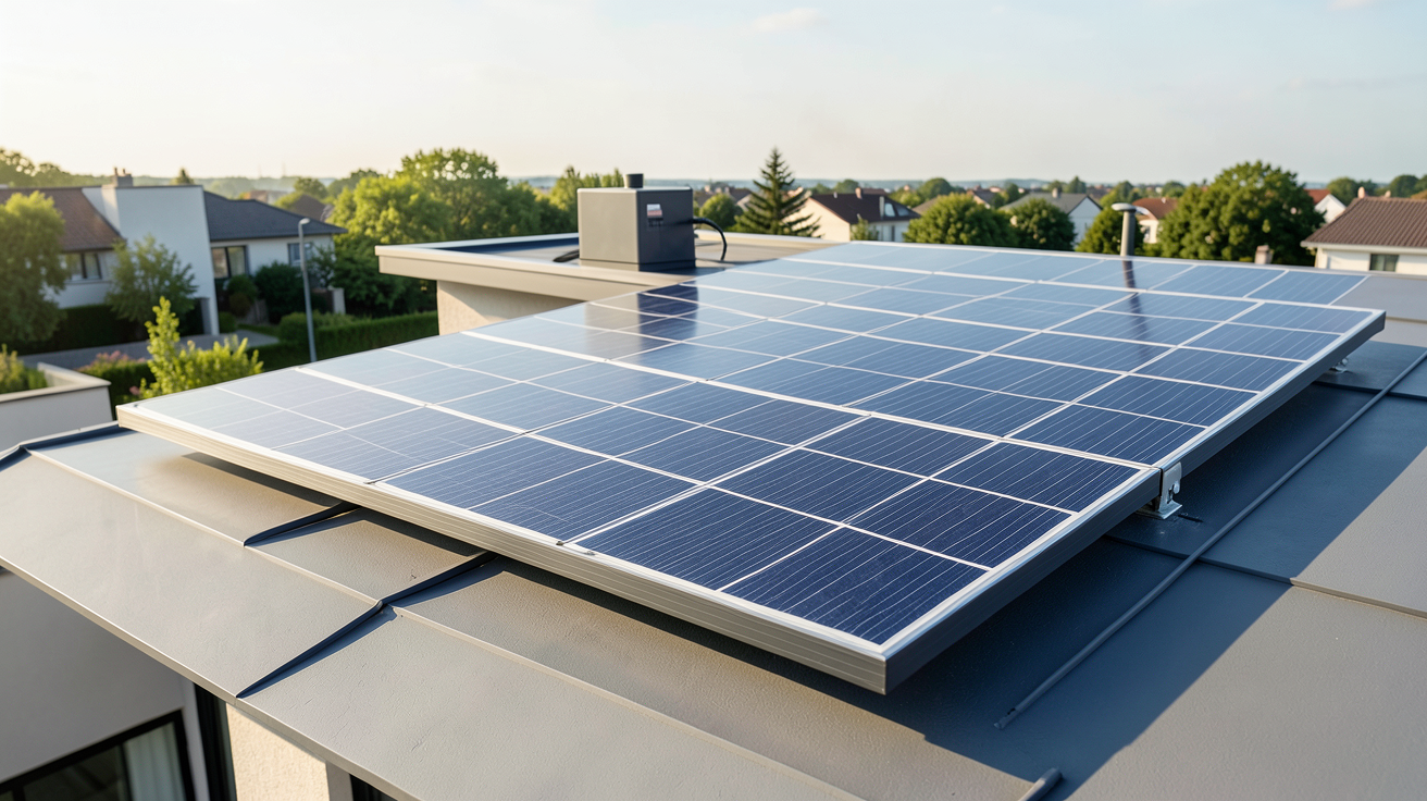 panneau solaire recharge batterie : kit clé en main installé sur un toit de maison moderne